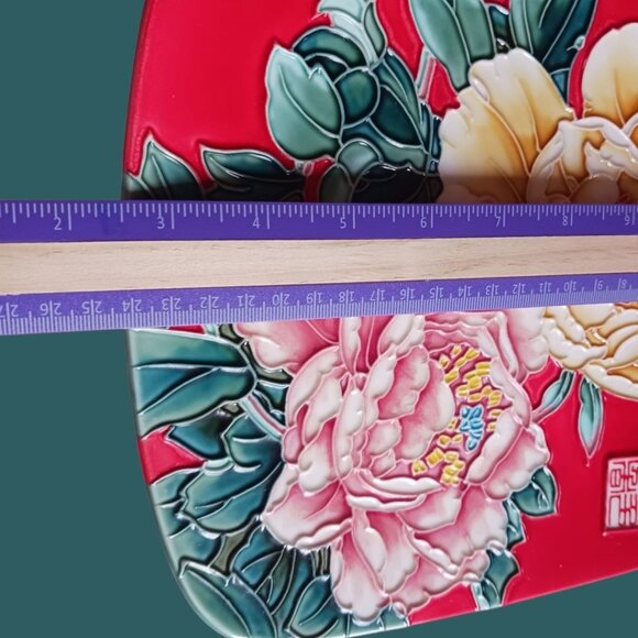 Decorative Plate With Floral Relief Design & Stand "10" Red Background - Picture 4 of 6